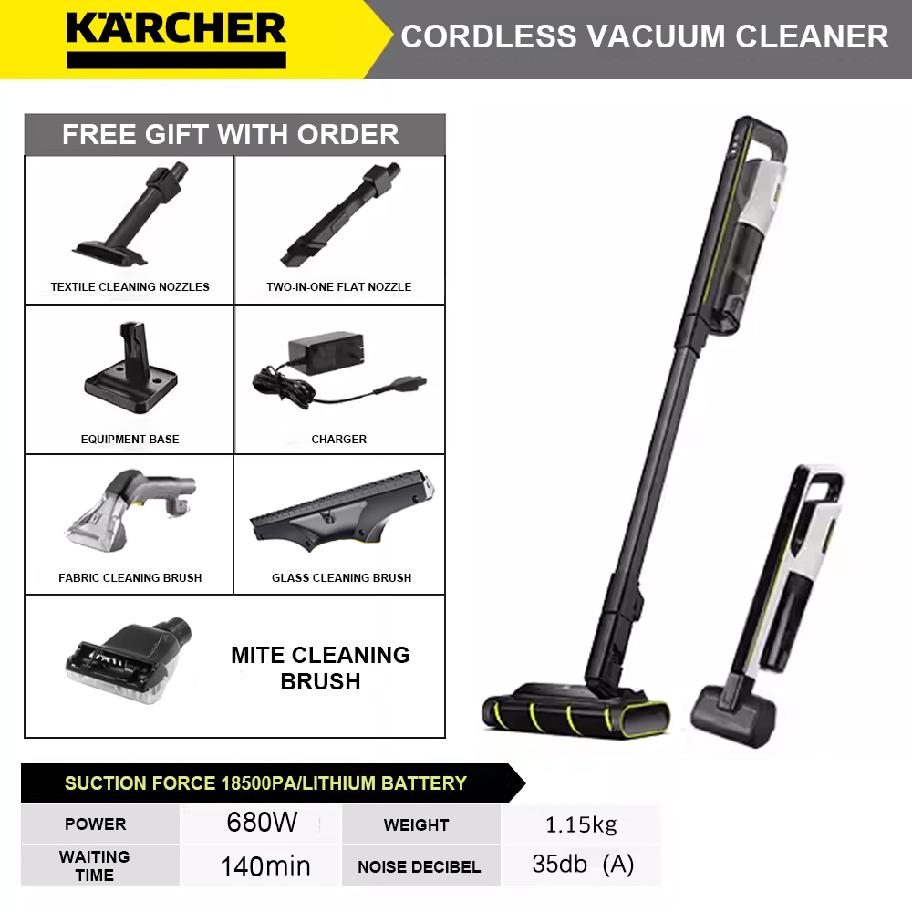 Aspirador inalámbrico Karcher + alta potencia 60000 rpm + alta potencia de succión 18500pa + asistente de voz Al + conexión de aplicación móvil + autolimpieza + cepillo para espacios + dos cabezales planos que succionan al mismo tiempo + cepillo giratorio reemplazable y bastoncillo de algodón * 1 + líquido de limpieza * 1 cargador + Soporte de carga + cepillo de limpieza