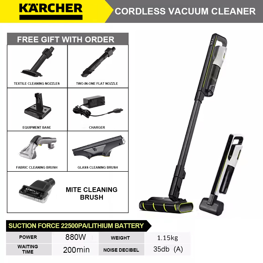 Aspirador inalámbrico Karcher + succión y trapeado todo en uno + 100.000 rpm alta potencia + 22.500pa alta potencia de succión + modo vapor + Asistente de voz AI + Diseño inclinable 180° + Conexión APP + autolimpieza + secado + 5 bolsas para cepillos + iluminación LED + un juego de cepillos de disco y bastoncillos de algodón de repuesto opcionales* 2 + solución de limpieza* 2 + cargador + soporte de carga de batería + cepillo de limpieza (elegido por el 99 % de las personas)